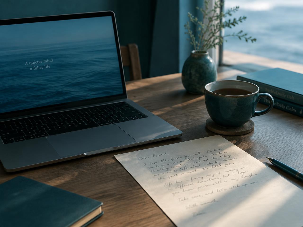 A quiet desk with a laptop, a letter and a cup of tea